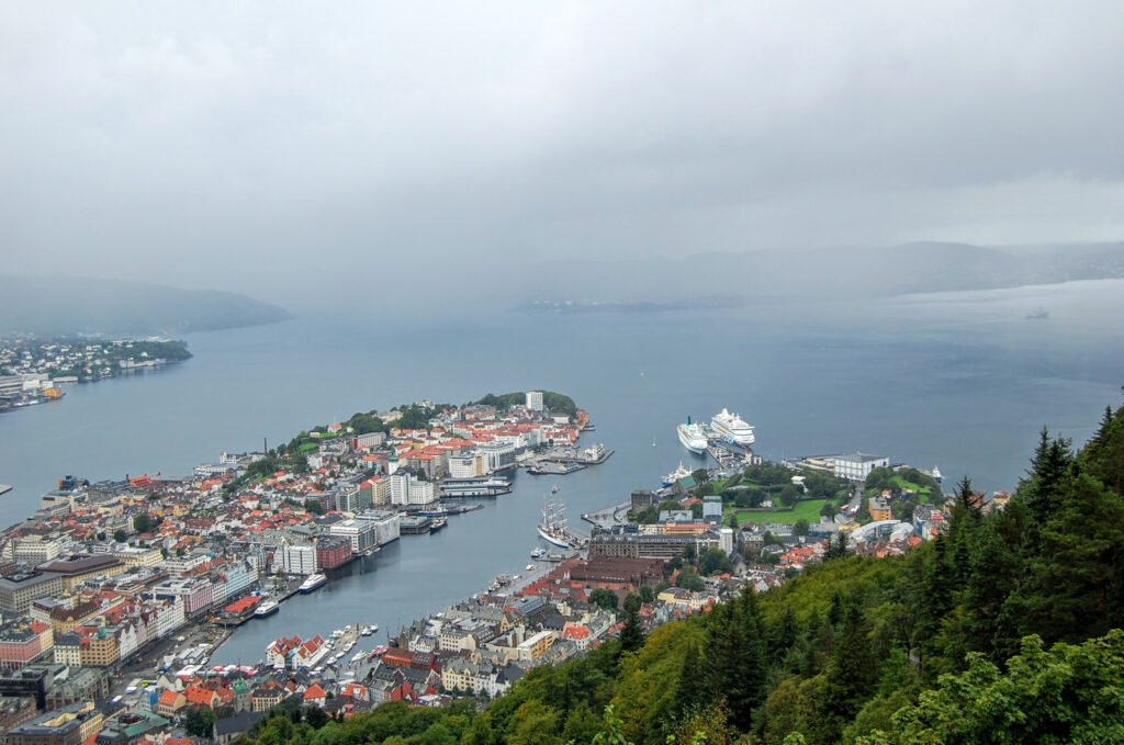 Bergen view from Fløyen or Fløyfjellet is one of the "city mountains" in Bergen, Hordaland, Norway